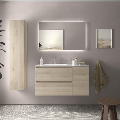 Meuble de salle de bain BEQUIA PLUS 100cm Naturel Vasque Porcelaine Robinet à gauche 1P (1/5)