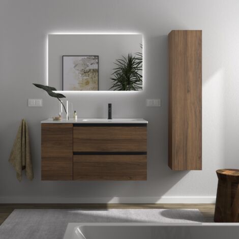 Meuble de salle de bain BEQUIA PLUS METAL 90cm Noyer Vasque Porcelaine Robinet à droite 1P (1/5)