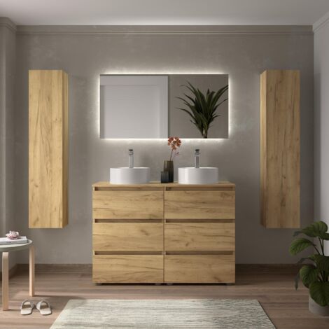Cygnus Bath – Meuble de salle de bain BEQUIA 120cm – Chêne – Vasque à poser en porcelaine – Tiroirs à fermeture amortie – Finition résistante à l'humidité (1/5)