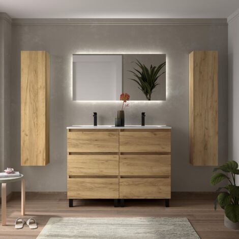 Meuble de salle de bain BEQUIA 3C 120cm Chêne Vasque Porcelaine Centrale