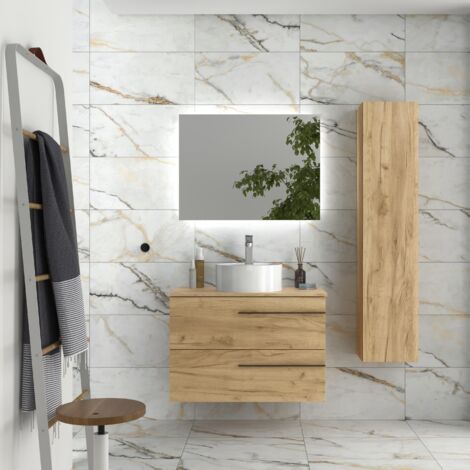 Meuble de salle de bain YARA 80cm Chêne Vasque à poser Porcelaine Centrale (1/5)