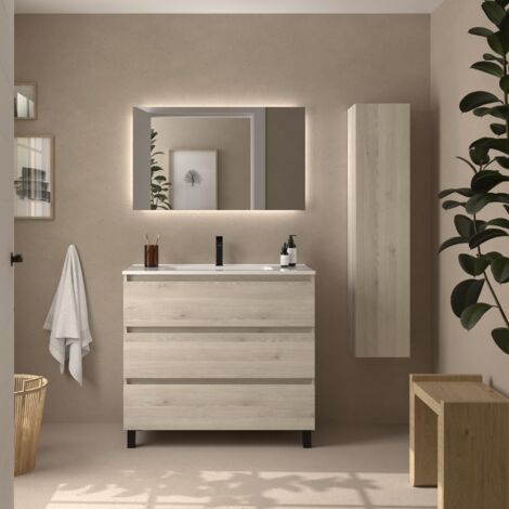 Meuble de salle de bain BEQUIA 3C 100cm Naturel Vasque Porcelaine Centrale