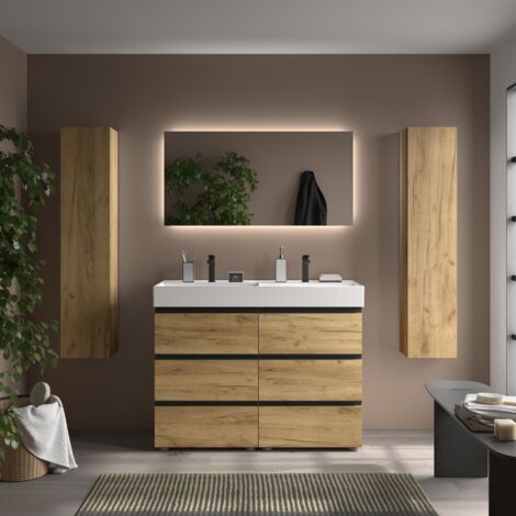 Meuble de salle de bain BEQUIA METAL 3C 120cm Chêne Vasque Veneto Porcelaine Centrale