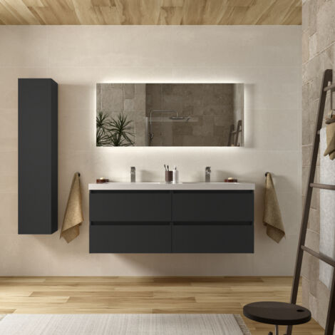 Cygnus Bath – Meuble de salle de bain 140cm noir mat – Vasque en charge minérale résistante – Tiroirs à fermeture amortie – Finition facile à nettoyer