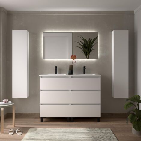 Meuble de salle de bain BEQUIA 3C 120cm Blanc mat Vasque Porcelaine Centrale (1/5)