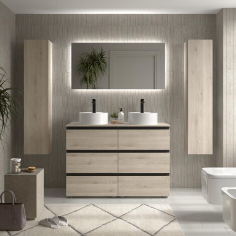 Meuble de salle de bain BEQUIA METAL 3C 120cm Naturel Vasque à poser Porcelaine Centrale (1/5)