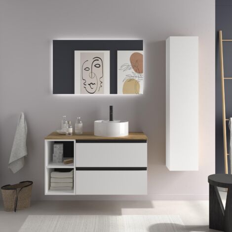 Meuble de salle de bain BEQUIA PLUS METAL 100cm Blanc mat Vasque à poser Porcelaine Côté réversible 2H (1/5)