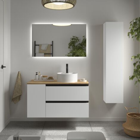 Meuble de salle de bain BEQUIA PLUS METAL 90cm Blanc mat Vasque à poser Porcelaine Côté réversible 1P (1/5)