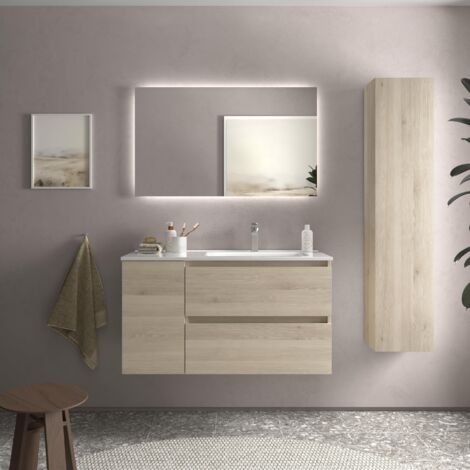 Meuble de salle de bain BEQUIA PLUS 100cm Naturel Vasque Porcelaine Robinet à droite 1P (1/5)