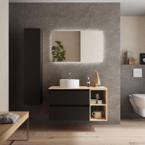 Meuble de salle de bain BEQUIA Plus 90cm Chêne Vasque à poser Porcelaine Côté réversible (1/5)