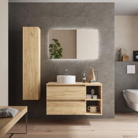 Meuble de salle de bain BEQUIA Plus 90cm Chêne Vasque à poser Porcelaine Côté réversible (1/5)