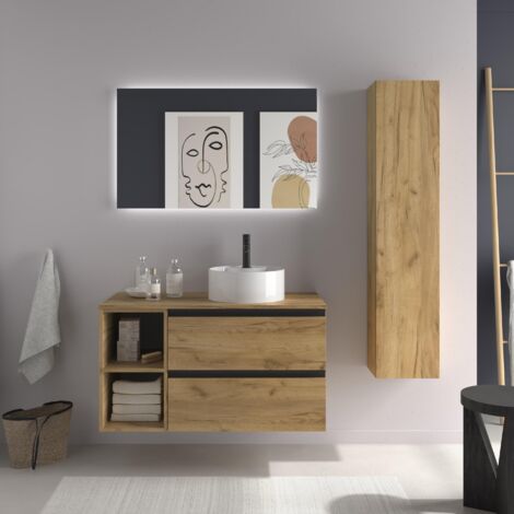 Meuble de salle de bain BEQUIA PLUS METAL 100cm Chêne Vasque à poser Porcelaine Côté réversible 2H (1/5)
