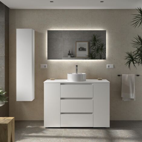 Meuble de salle de bain BEQUIA PLUS 3C 120cm Blanc mat Vasque à poser Porcelaine Côté réversible 1P (1/5)