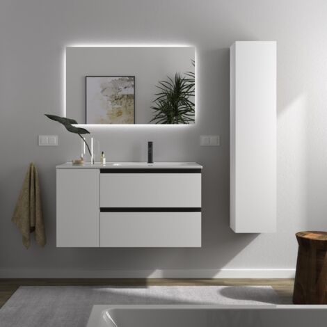 Meuble de salle de bain BEQUIA PLUS METAL 90cm Blanc mat Vasque Porcelaine Robinet à droite 1P (1/5)