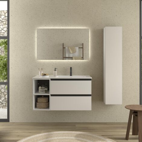 Meuble de salle de bain BEQUIA PLUS METAL 100cm Blanc mat Vasque Porcelaine Robinet à droite 2H (1/5)