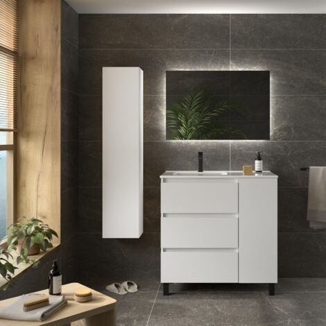 Meuble de salle de bain BEQUIA PLUS 3C 90cm Blanc mat Vasque Porcelaine Robinet à gauche 1P (1/5)