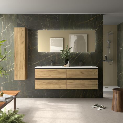 Meuble de salle de bain BEQUIA METAL 160cm Chêne Vasque Vilna Solid Surface Centrale