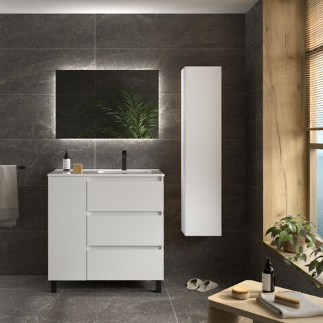 Meuble de salle de bain BEQUIA PLUS 3C 90cm Blanc mat Vasque Porcelaine Robinet à droite 1P (1/5)