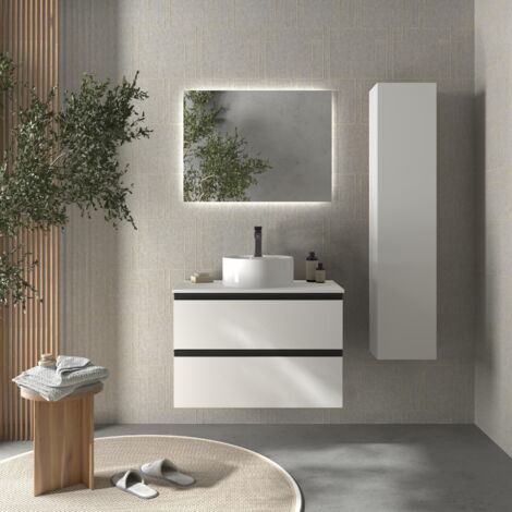 Meuble de salle de bain BEQUIA METAL 80cm Blanc mat Vasque à poser Porcelaine Centrale (1/5)