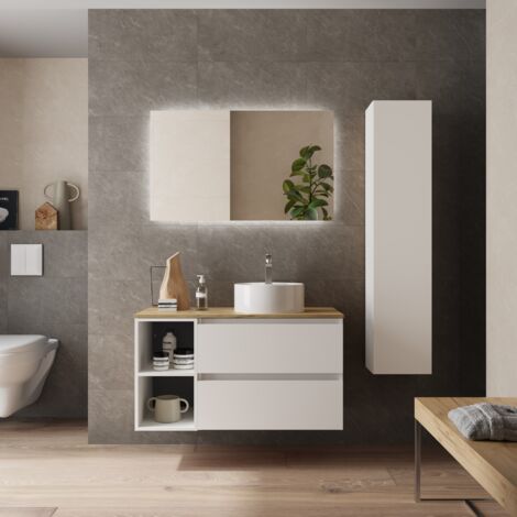 Meuble de salle de bain BEQUIA Plus 100cm Blanc mat Vasque à poser Porcelaine Côté réversible (1/5)