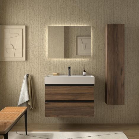 Meuble de salle de bain BEQUIA METAL 80cm Noyer Vasque Veneto Porcelaine Centrale