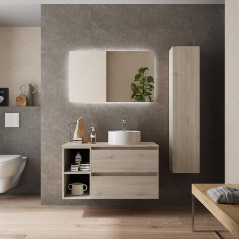 Meuble de salle de bain BEQUIA PLUS 100cm Naturel Vasque à poser Porcelaine Côté réversible 2H (1/5)