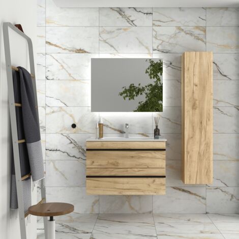 Meuble de salle de bain BORN 80cm Chêne Vasque Porcelaine (1/5)