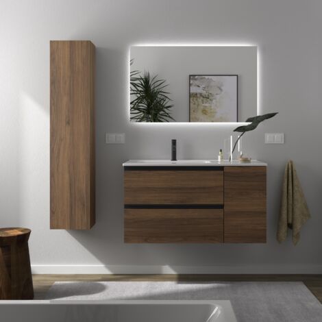Meuble de salle de bain BEQUIA PLUS METAL 100cm Noyer Vasque Porcelaine Robinet à gauche 1P (1/5)