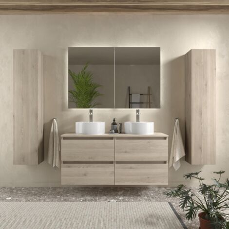 Meuble de salle de bain BEQUIA 120cm Naturel Vasque à poser Porcelaine Centrale (1/4)