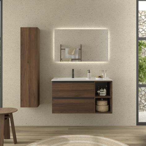 Meuble de salle de bain BEQUIA PLUS METAL 100cm Noyer Vasque Porcelaine Robinet à gauche 2H (1/5)