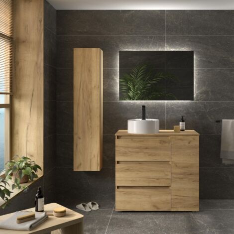 Meuble de salle de bain BEQUIA PLUS 3C 90cm Chêne Vasque à poser Porcelaine Côté réversible 1P (1/5)