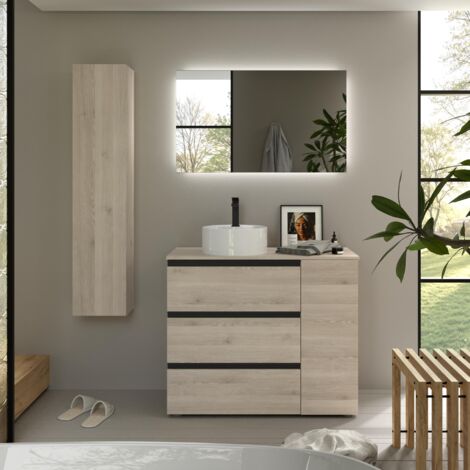 Meuble de salle de bain BEQUIA PLUS 3C 90cm Naturel Vasque à poser Porcelaine Côté réversible 1P (1/5)