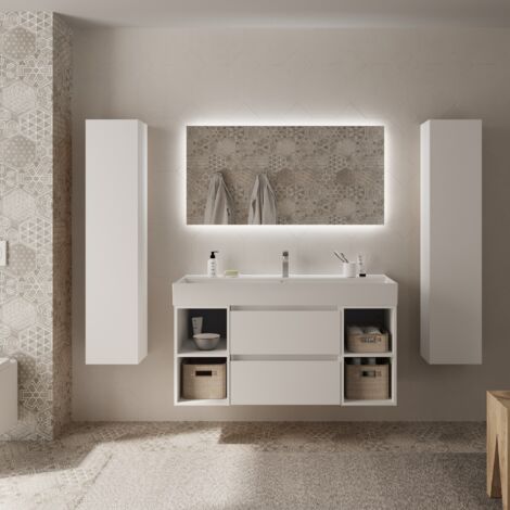 Meuble de salle de bain BEQUIA Plus 120cm Blanc mat Vasque Porcelaine Centrale (1/5)
