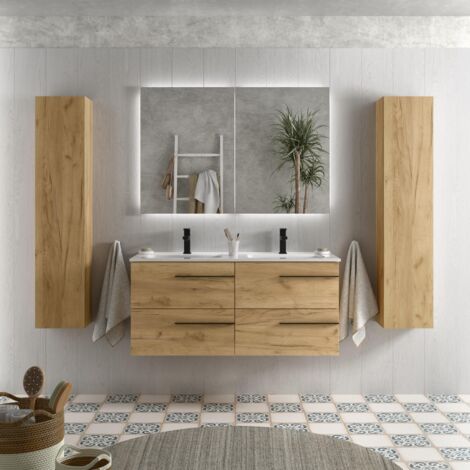 Meuble de salle de bain YARA 120cm Chêne Vasque Porcelaine Centrale (1/5)