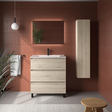 Meuble de salle de bain BEQUIA 3C 80cm Naturel Vasque Porcelaine Centrale (1/5)