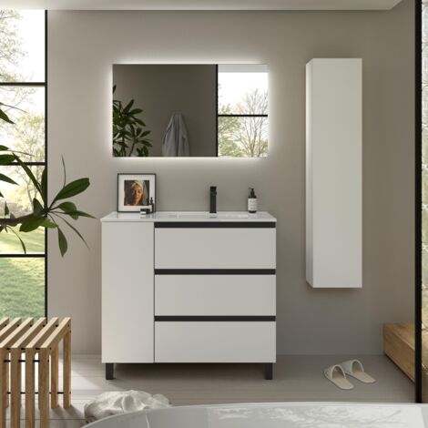 Meuble de salle de bain BEQUIA PLUS METAL 3C 90cm Blanc mat Vasque Porcelaine Robinet à droite 1P (1/5)