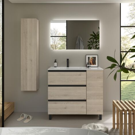 Meuble de salle de bain BEQUIA PLUS METAL 3C 90cm Naturel Vasque Porcelaine Robinet à gauche 1P (1/5)