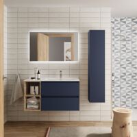 Meuble de salle de bain BEQUIA Plus 100cm Bleu mat /Chêne Vasque Porcelaine Robinet à droite