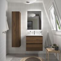 Cygnus Bath – Meuble de salle de bain 60cm – Noyer – Vasque en porcelaine blanche résistante aux rayures – Tiroirs à fermeture amortie – Finition facile à nettoyer