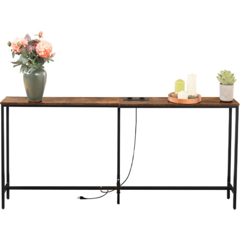 FurnitureR 180 cm Konsolentisch mit Ladestation, schmaler Sofatisch, industrieller Eingangsbereichstisch mit 2 USB-Anschlüssen, schmaler Tisch für Flur, Wohnzimmer, Büro, Braun