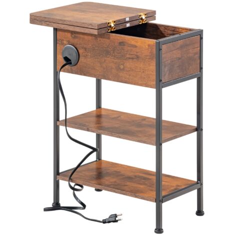 FurnitureR Moderner Flur-Beistelltisch mit Steckdosen, Vintage-Holzoptik und Metallgestell, kompakter Schrank mit 2 Ablageflächen für den Eingangsbereich, 60 x 30 x 61 cm, braun