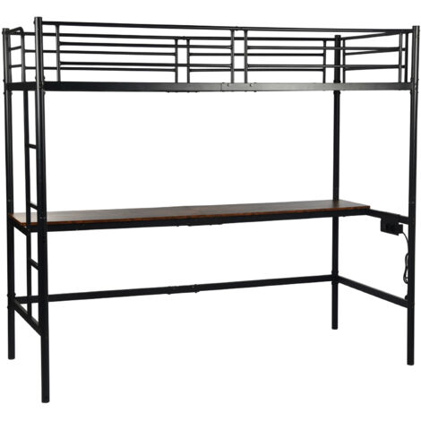 FurnitureR Etagenbett 90 x 200 cm aus Metall mit Schreibtisch, Metallbettrahmen mit Ladestation (2 Steckdosen, 2 USB-Anschlüsse), Treppe, ohne Matratze, Absturzsicherung und Lattenrost, schwarz (1/5)