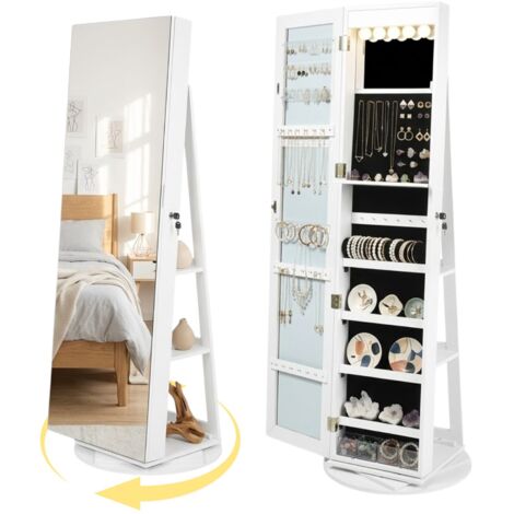 FurnitureR Schmuckschrank mit Ganzkörperspiegel, Drehbarer Schmuckschrank Abschließbar, Stehender Schmuckorganizer mit Spiegel und Großer Aufbewahrung für Ringe Ketten Ohrringe, Weiß (1/5)
