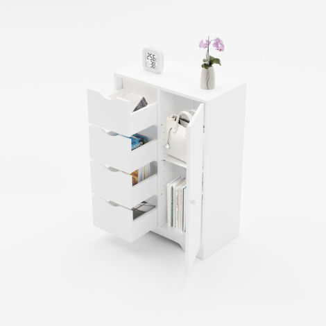 FurnitureR Kommode Weiß mit 4 Schubladen und Schrank, MDF Aufbewahrungsschrank mit Verstellbaren Regalböden, Schubladenschrank für Wohnzimmer Schlafzimmer Flur Büro, 55 x 30 x 82 cm