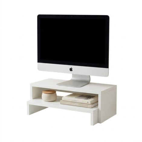 FurnitureR Monitorständer Holz, Monitorerhöhung für Schreibtisch, Bildschirmständer mit 2 Ebenen, Monitorablage für PC, Drucker, ergonomischer Monitor Riser mit Stauraum für Home Office & Büro, Weiß