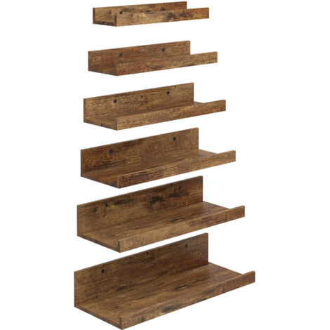 FurnitureR Bilderleiste Wandregal Set 6er Vintage Braun, Wandboard Holz Verschiedene Größen 27–40 cm, Schweberegal mit Schutzkante für Bilderrahmen, Wandregal Set für Wohnzimmer Schlafzimmer Küche