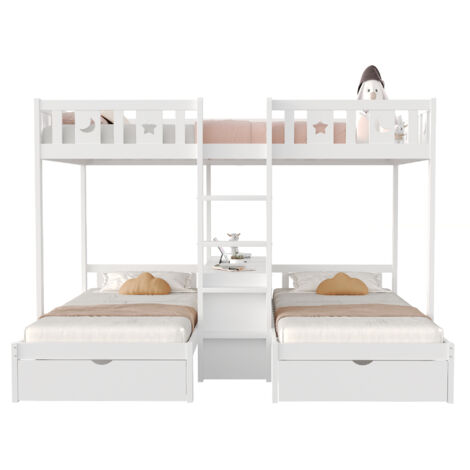 FurnitureR Kinder Hochbett mit zwei Einzelbetten Dreierbett Holzbett mit Leiter Schubladen Stauraum Regal Etagenbett Mehrbettlösung, Weiß (1/5)