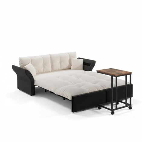 FurnitureR Wohnzimmer Set Schlafsofa 3 in 1 cremeweiß Stoff schwarzes Metallgestell mit mobilem Beistelltisch Rollen Couch Bettfunktion kleines Wohnzimmer (1/5)