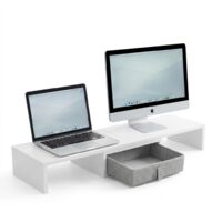 FurnitureR Monitorständer mit Stoffschublade, ausziehbare Monitorerhöhung 72–94 cm, Bildschirmständer für PC, Laptop & Drucker, ergonomische Monitorablage für Home Office, Schreibtisch Organizer Weiß