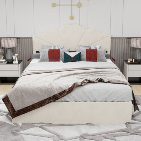 Lit moderne minimaliste et moelleux, tête de lit confortable et douce, 140200CM, beige, meuble de chambre multifonctionnel, cadre de lit coffre haut avec vérin hydraulique, matelas non inclus. (1/5)